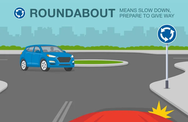 道路や交通標識の意味を回避 車を運転する 車の道路上の青色のSuv車への道を与えている 平面ベクトル図テンプレート — ストックベクタ