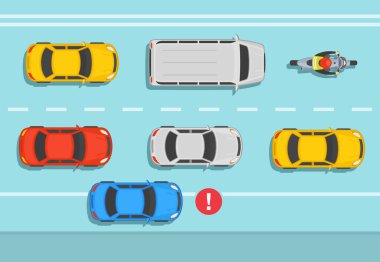 Araba sürüyorum. Trafik ya da yol kuralları ve görgü kuralları. Arıza şeridinde ya da parkta seyahat etmeyin. Omuz sadece acil duruş için kullanılır. Düz vektör resimleme şablonu.