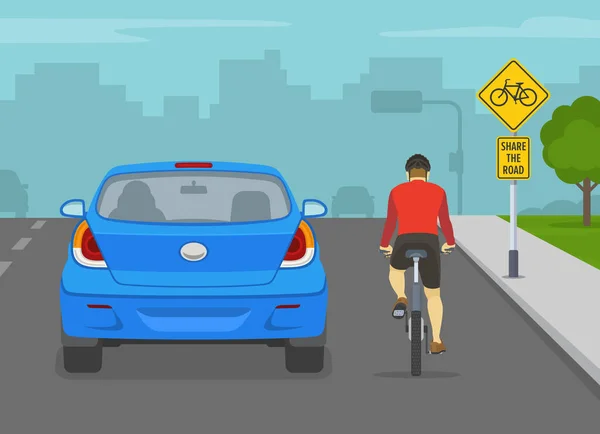 开汽车 蓝色越野车在城市道路上超过了一个骑自行车的人 共用道路警告交通标志 平面矢量图解模板 — 图库矢量图片