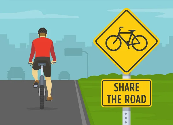Vue Arrière Cycliste Sur Une Route Ville Partagez Panneau Avertissement — Image vectorielle