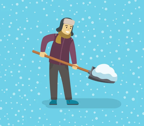 シャベルで雪を取り除く若い男 平面ベクトル図 — ストックベクタ