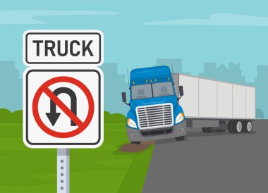 Trafik yönetmeliği işareti. Güvenlik kamyonu sürücüsü. Mavi kamyonet kontrolünü kaybediyor ve otoyolda U dönüşü yaparken sıkışıyor. Kamyonlar için U dönüşü yok. Düz vektör resimleme şablonu.