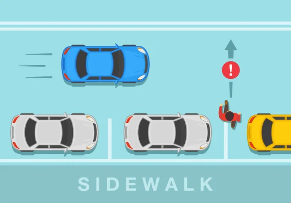 安全運転の規則とヒント 隠された歩行者については車でヒットする 歩行者用駐車車両の間の通りを横断 警告車の間を歩くな 平面ベクトル図テンプレート — ストックベクタ