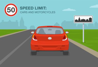 Güvenli sürüş kuralları ve ipuçları. Otomobiller ve motosikletler hız limitini aşmamış. Düz vektör resimleme şablonu.