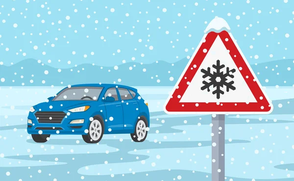 Verkeerstekens Waarschuwen Voor Sneeuw Ijs Winter Seizoen Suv Auto Platte — Stockvector