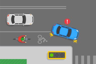 Trafik kuralları ve bahşişler. Güvenli bisiklet sürüşü. Mavi sedan araba kavşakta bisikletçinin önünden sağa dönüyor. Bisiklet yolunu geçmeyin ya da işgal etmeyin. Düz vektör illüstrasyonu.