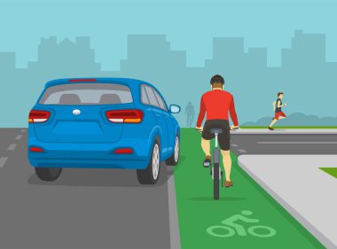 Trafik kuralları ve bahşişler. Güvenli bisiklet sürüşü. Mavi SUV aracı bisiklet yolunda bisikletçinin önünden sağa dönüyor. Sağ kroşeden uzak dur. Düz vektör resimleme şablonu.