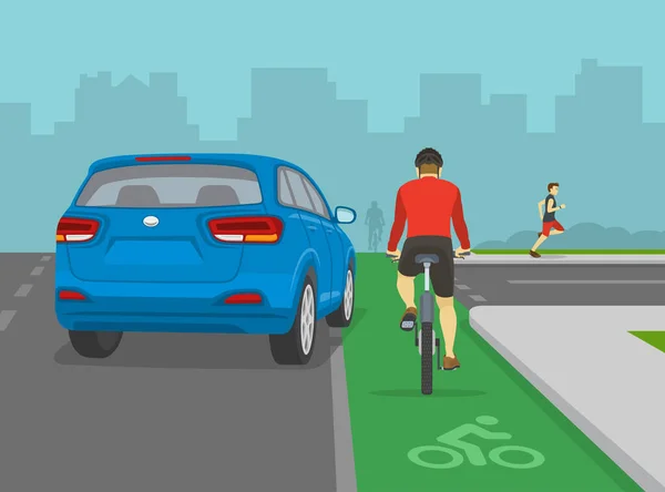 交通規制のルールとヒント 安全自転車運転 ブルーのSuv車が自転車レーンのサイクリストの前を右に曲がっています 適切なフックを避けてください 平面ベクトル図テンプレート — ストックベクタ