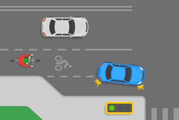 Traffic regulation rules and tips. Safety bicycle driving. Blue sedan car is passing dashed line to turn right on crossroad. Flat vector illustration template. 