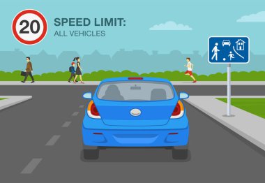 Arabalar, motosikletler ve diğer tüm araçlar yerleşim bölgesinde ya da yaşayan yol hız limitinde. Mavi, modern bir arabanın arka görüntüsü. Düz vektör resimleme şablonu.