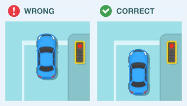 Araba sürüyorum. Çizgi kuralını durdur. Mavi sedan araba kırmızı ışıkta durdu. Üst Manzara. Düz vektör resimleme şablonu.