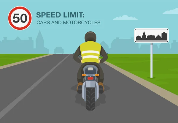 Motocicletas Carros Limite Velocidade Área Construída Vista Traseira Motociclista Modelo — Vetor de Stock