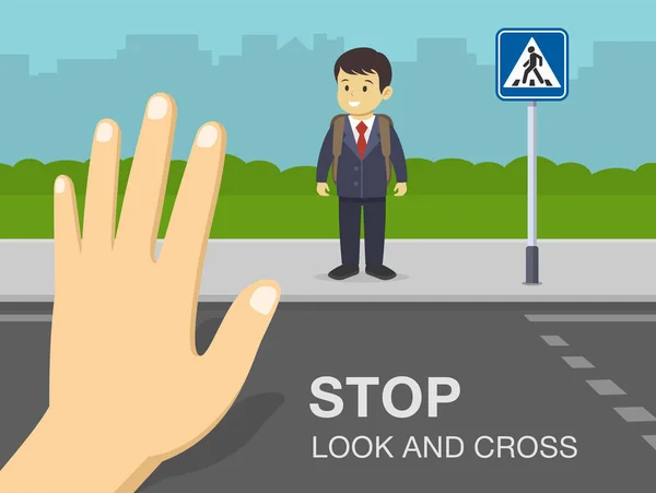 Regla Tráfico Para Peatones Diseño Póster Advertencia Stop Look Cross — Vector de stock