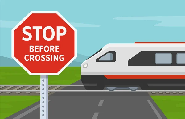 Reglas Consejos Seguridad Ferroviaria Deténgase Antes Cruzar Señal Del Ferrocarril — Vector de stock
