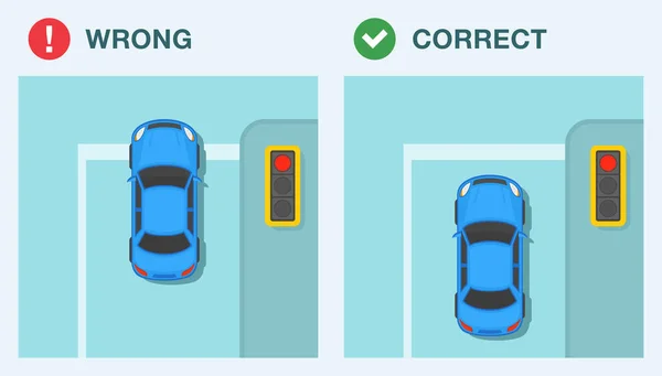 Řídím Auto Pravidlo Stop Line Modrý Sedan Zastavil Červeném Semaforu — Stockový vektor