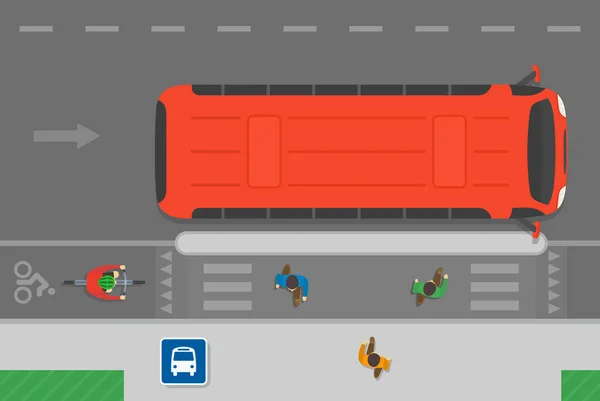 安全自行车驾驶和交通规则 在巴士站让道给行人让路 有自行车道的城市道路的顶部视图 平面矢量图解模板 — 图库矢量图片