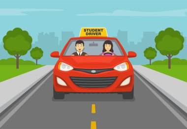 Bayan bir sürücünün yanında arabada oturan korkunç eğitmen. Kırmızı araba kullanan bir kadın. Düz vektör illüstrasyonu.