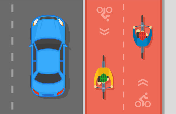 Sedan car and cyclists on bike lane. Asphalt city road top view. Flat vector illustration.