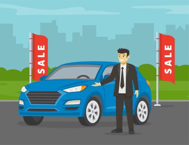 Gülümseyen şirket müdürü müşterileri karşılıyor. Açık hava SUV araba satışı. Düz vektör illüstrasyonu.