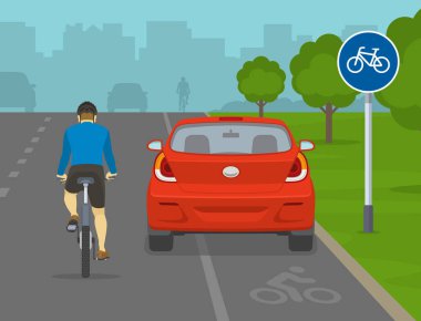 Açık hava otoparkı. Trafik kuralları ve bahşişler. Güvenli bisiklet sürüşü. Bisiklet yolunda park edip durmak yok. Bisiklet yolunda park etmiş kırmızı bir sedan arabanın arka görüntüsü. Düz vektör illüstrasyonu.