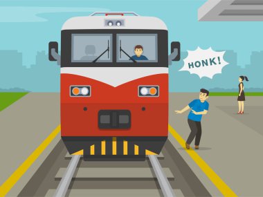 Tren perondaki dikkatsiz genç adama çarpmak üzere. Tren şoförü tren istasyonunda aptal erkek karaktere korna çalıyor. Demiryolu güvenliği kuralları ve bahşişler. Düz vektör resimleme şablonu. 