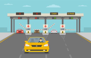Otobanda yol parası ödemek için kontrol noktasından geçen arabalar. Düz vektör illüstrasyonu.