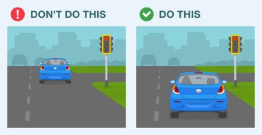 Yapılacaklar ve yapılmayacaklar. Güvenli ve tehlikeli sürüş. Şoför kırmızı ışıkta geçti. Şehir kavşağında kırmızı ışıkta bekleyen bir şoför var. Arkadan bak. Düz vektör resimleme şablonu.