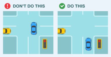 Yapılacaklar ve yapılmayacaklar. Güvenli ve tehlikeli sürüş. Şoför kırmızı ışıkta geçti. Şehir kavşağında kırmızı ışıkta bekleyen bir şoför var. Üst Manzara. Düz vektör resimleme şablonu.