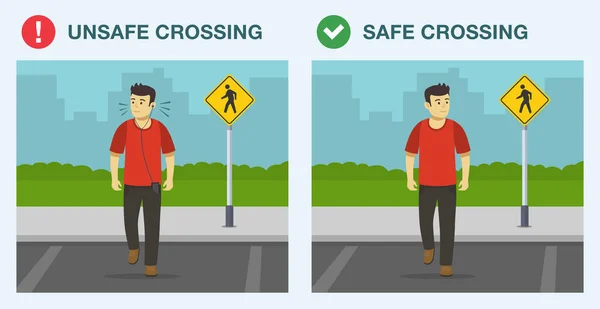 Règles Conseils Sécurité Pour Les Piétons Passage Rue Sûr Dangereux — Image vectorielle