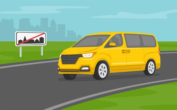 Новый Желтый Современный Фургон Выезжает Города Шоссе Дорожный Знак Конца — стоковый вектор