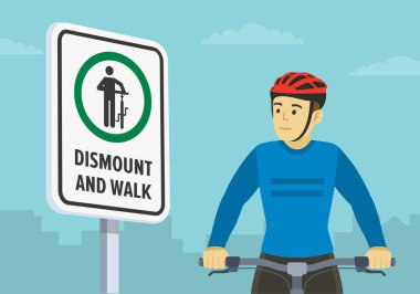 Bisiklet sürme ipuçları. Bisikletçinin yakın görüntüsü ve motosiklet trafiği veya trafik levhası. Düz vektör resimleme şablonu.