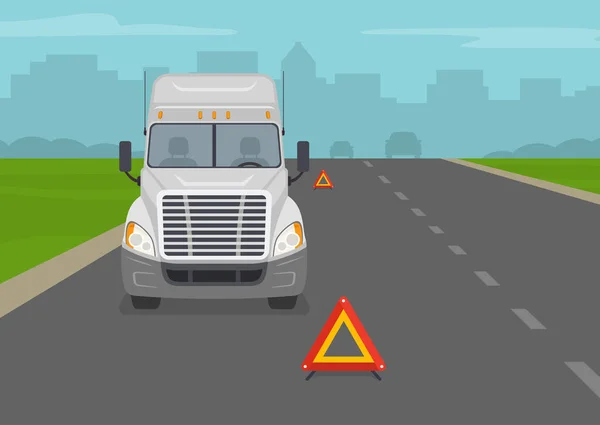 道路上のアメリカのトラックを反射警告標識で壊した 車を運転する 平面ベクトル図テンプレート — ストックベクタ