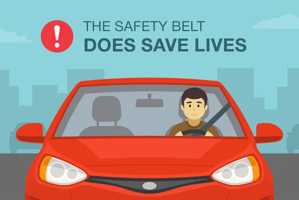 Köra Röd Sedan Bil Säkerhetsbältet Räddar Liv Varningsaffischdesign Manlig Chaufför — Stock vektor
