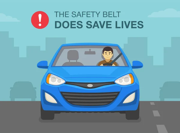 开汽车 安全带的确拯救了生命海报的设计 男司机系安全带 平面矢量图解模板 — 图库矢量图片