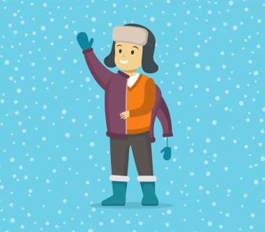 Çocuk kışlık manto giyerek giyiniyor. Sıcak kıyafetler giyen bir çocuk. Düz vektör illüstrasyonu.