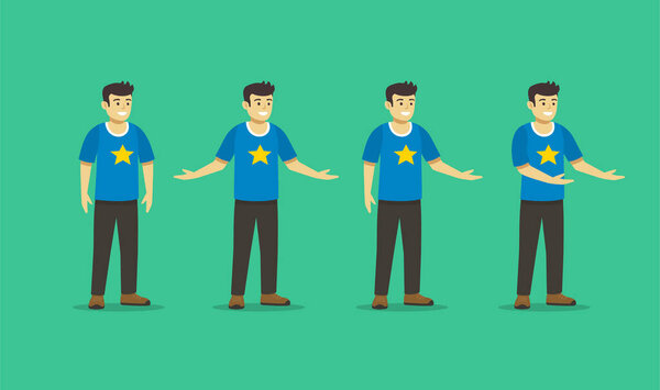 Набор счастливый молодой парень в повседневной одежде в приветственных позах. Улыбающийся мужчина позирует с широко раскрытыми объятиями. Плоская векторная иллюстрация