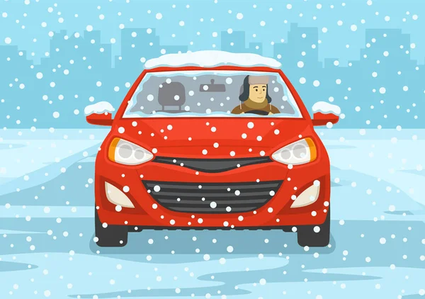 Young Man Driving Red Mini Car Snowy City Road Front — Stock Vector