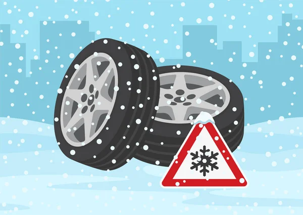 冬用タイヤと交通標識は雪と氷を警告します 夏のタイヤから切り替えるとき 遠近法だ 平面ベクトル図テンプレート — ストックベクタ