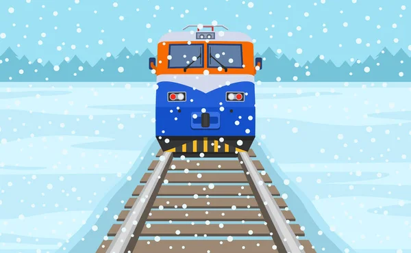 Поїзд Перетинає Зимовий Степ Вид Спереду Плоска Векторна Ілюстрація — стоковий вектор