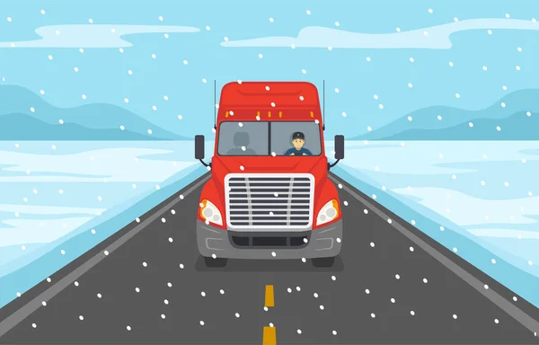 Camion Américain Avec Chauffeur Sur Autoroute Saison Hiver Vue Face — Image vectorielle