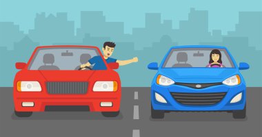 Aggressive male driver yelling at female driver on road. Angry man and smiling woman driving a car. Flat vector illustration. clipart