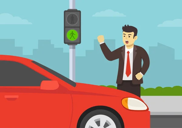 Θυμωμένος Πεζός Φωνάζει Στον Οδηγό Του Αυτοκινήτου Μπλοκάροντας Διάβαση Κόκκινο — Διανυσματικό Αρχείο