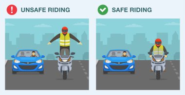 Yapılacak ve yapılmayacak. Güvenli ve güvensiz bir motosiklet yolda gidiyor. Güvenli sürüş kuralları ve bahşişler. Motosiklet sürerken kırmızı kasklı bir adam ayakta duruyor. Düz vektör resimleme şablonu. 