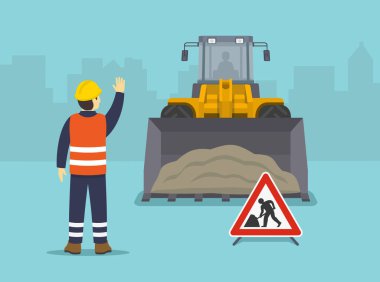 Toprak taşıma ve yol inşaatında izole tekerlek yükleyicisi yüzeyi temizliyor. İşçi dur işareti gösteriyor. Ön manzara. Düz vektör resimleme şablonu.
