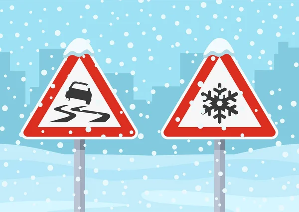 Fahrsicherheitsregeln Und Tipps Winterlicher Schnee Und Vereiste Verkehrsschilder Vorlage Für — Stockvektor