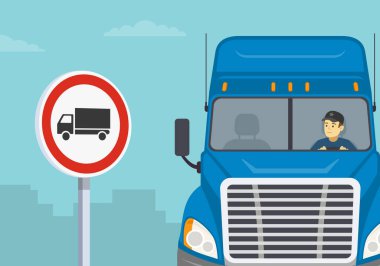 Ağır yük araçları sürüş ipuçları. Mavi bir römork sürücüsü ve trafik veya trafik işaretinin yakın görüntüsü. Ağır araç tabelası yok. Düz vektör resimleme şablonu.