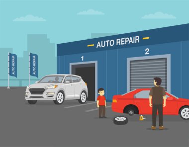 Araba servisi ve oto tamir binası. Beyaz SUV aracı otomobil hizmet alanından ayrılıyor. Çocuk patlak lastiği değiştirmek için babasına yardım ediyor. Düz vektör resimleme şablonu.