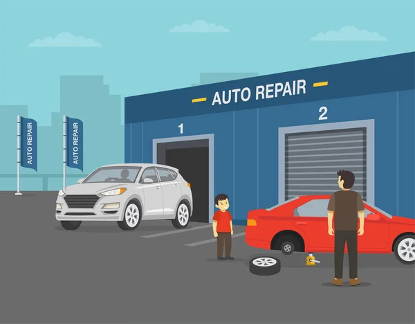 Auto Service Auto Reparatie Gebouw Witte Suv Auto Verlaat Het — Stockvector