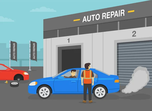 Auto Service Und Auto Reparatur Gebäude Mechaniker Untersuchen Kaputtes Auto — Stockvektor