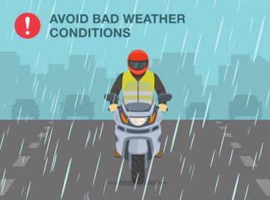 Güvenli motosiklet sürme kuralları ve bahşişler. Kötü hava koşullarından kaçının. Yağmurlu ve kaygan bir yolda motosiklet sürmek. Düz vektör resimleme şablonu.